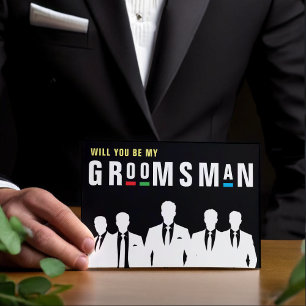 Retro 90s Colourful Men in Suits Groomsman Proposa