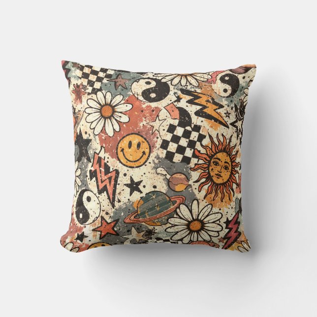 Retro 90s Grunge Celestial Doodle Pattern  Cushion (Front)