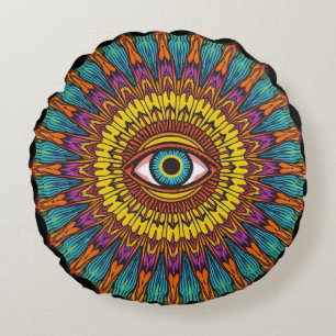 Retro 90s Mandala   Psychedelic Third Eye Graphic Round Cushion