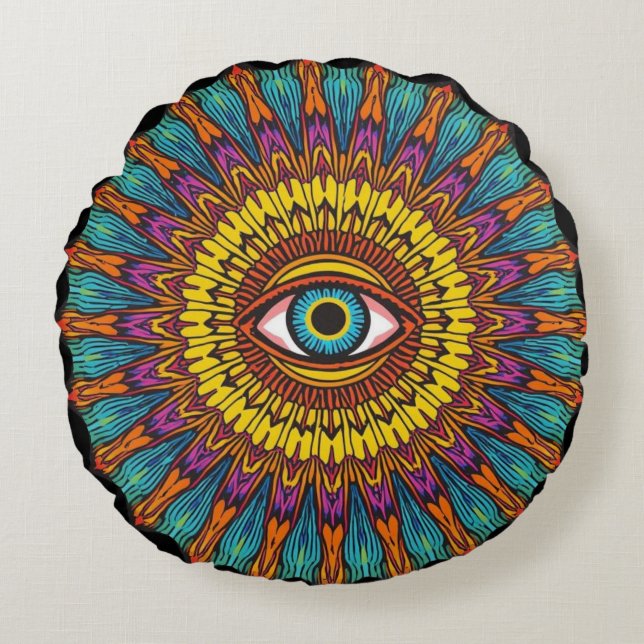 Retro 90s Mandala | Psychedelic Third Eye Graphic Round Cushion (Front)