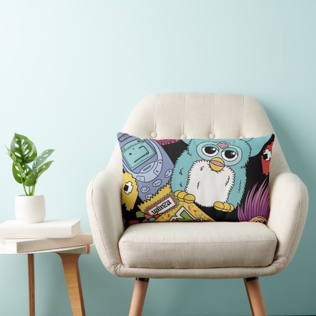 Retro 90s Nostalgia Doodle Pattern Toy and Tech  Lumbar Cushion (Chair)
