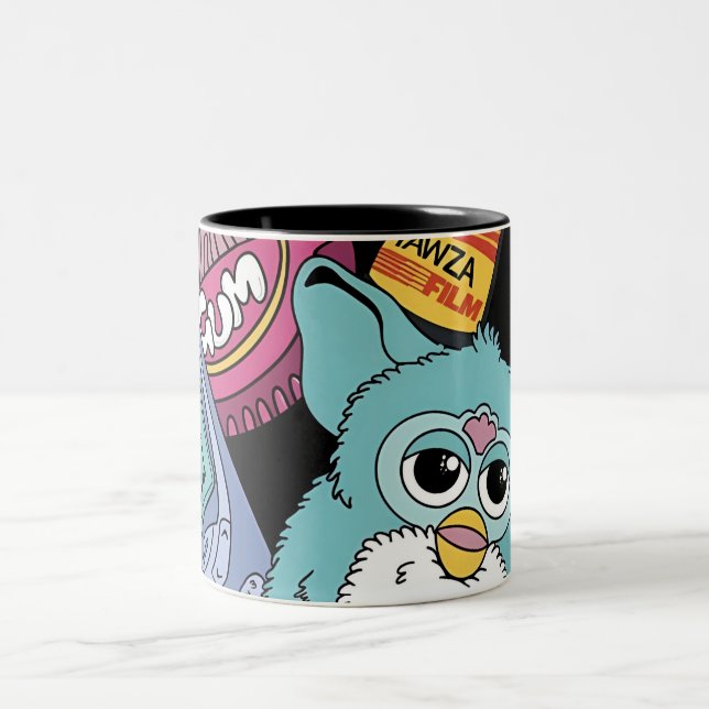 Retro 90s Nostalgia Doodle Pattern Toy and Tech  Two-Tone Coffee Mug (Center)