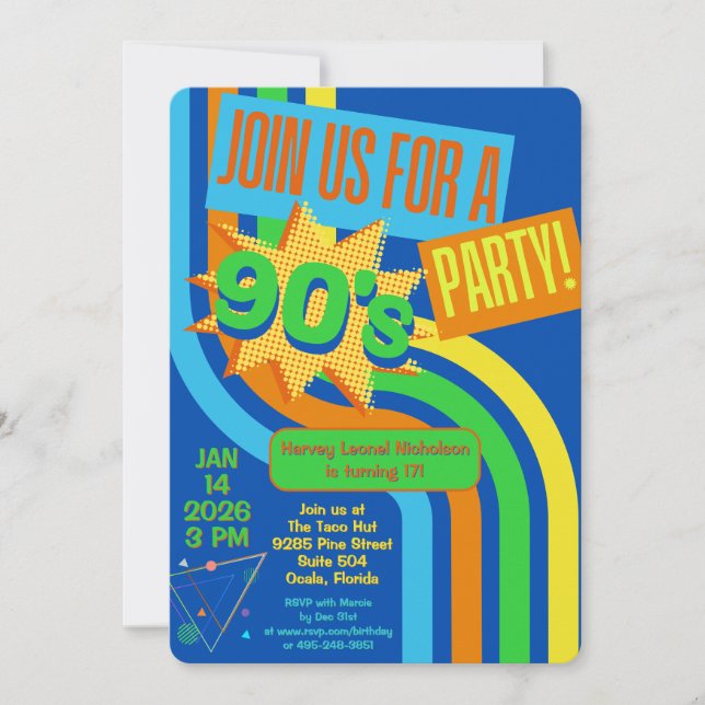 Retro 90's Party Bright Blue Nostalgic Birthday Invitation (Front)