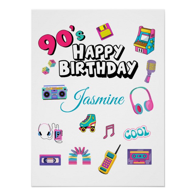 Retro 90s Party Custom Name Happy Birthday Poster (Front)