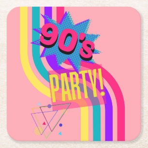 Retro 90's Party Pink Nostalgic Birthday Square Paper Coaster