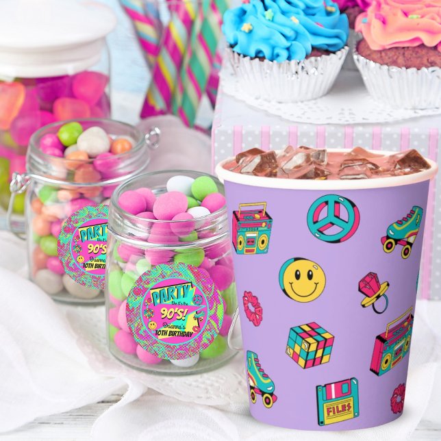 Retro 90s pattern purple pink teal party paper cups (Creator Uploaded)