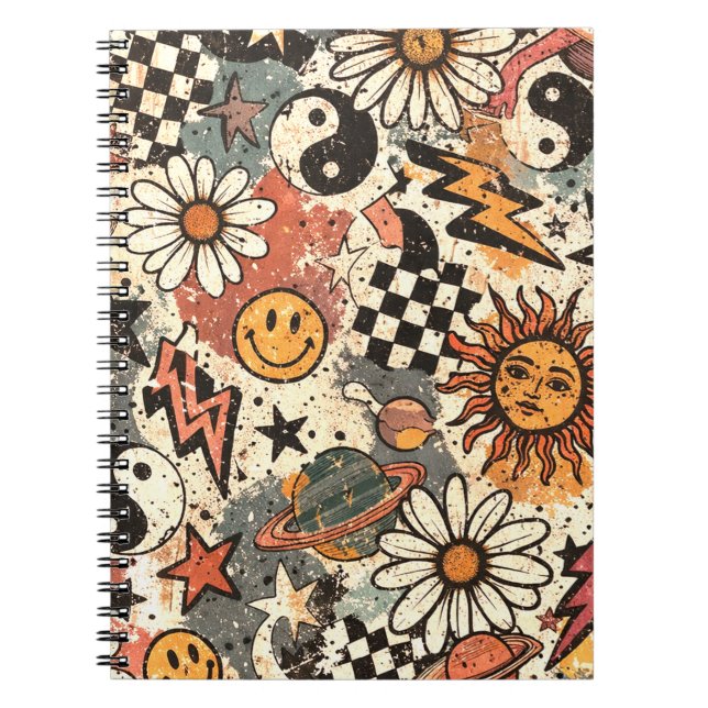 Retro 90s Psychedelic Doodle Pattern with Yin Yang Notebook (Front)