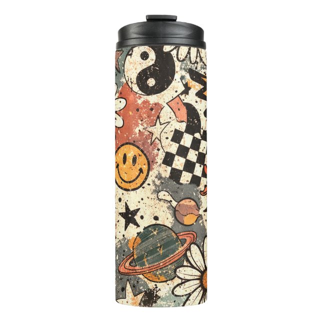 Retro 90s Psychedelic Doodle Pattern with Yin Yang Thermal Tumbler (Front)
