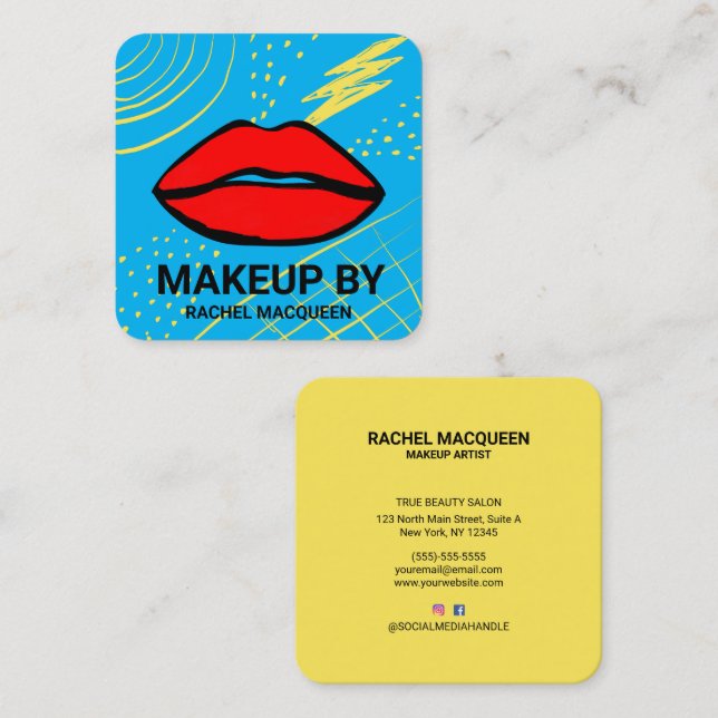 Retro 90's Red Yellow Geometric Lips Makeup Square Square Business Card (Front/Back)