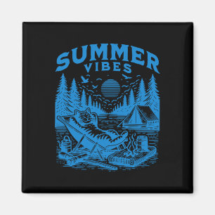 Retro 90s Summer Vibes Cat Camping Funny Cat Meme Magnet