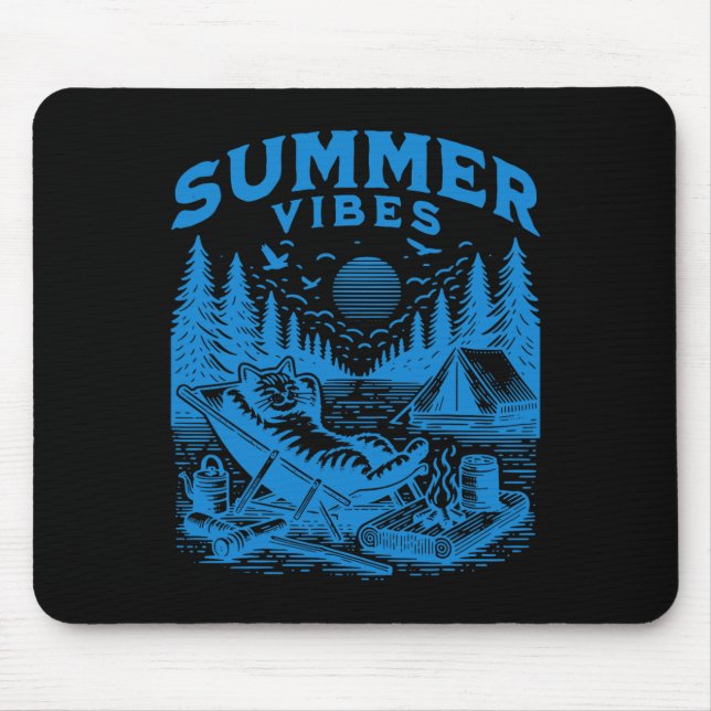 Retro 90s Summer Vibes Cat Camping Funny Cat Meme  Mouse Pad (Front)