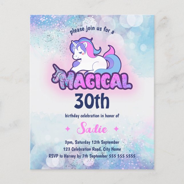 Retro 90s Unicorn 30th Birthday Invitation Flyer (Front)