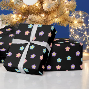 Retro 90s Y2k Pastel Flowers Black Colourful Wrapping Paper