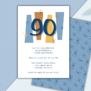 Retro 90th Birthday Midcentury Modern Blue Invitation