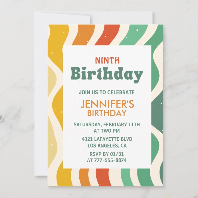 Retro 9th birthday invitations Groovy Wavy (Front)