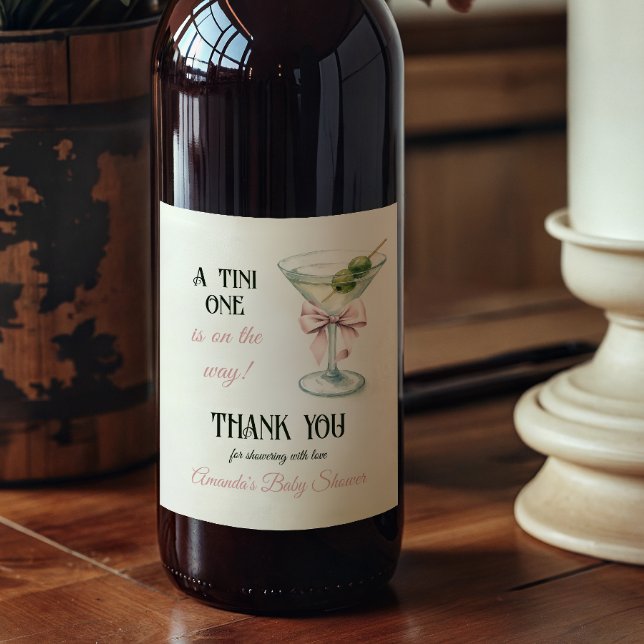 Retro A Tini One Martini Pink Bow Girl Baby Shower Wine Label (Creator Uploaded)