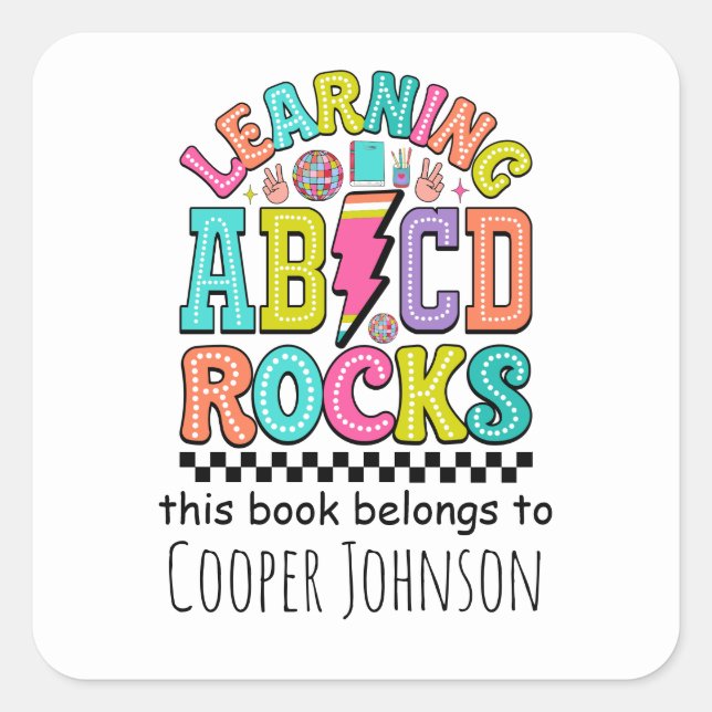 Retro abc this book belongs to kids bookplate square sticker (Front)