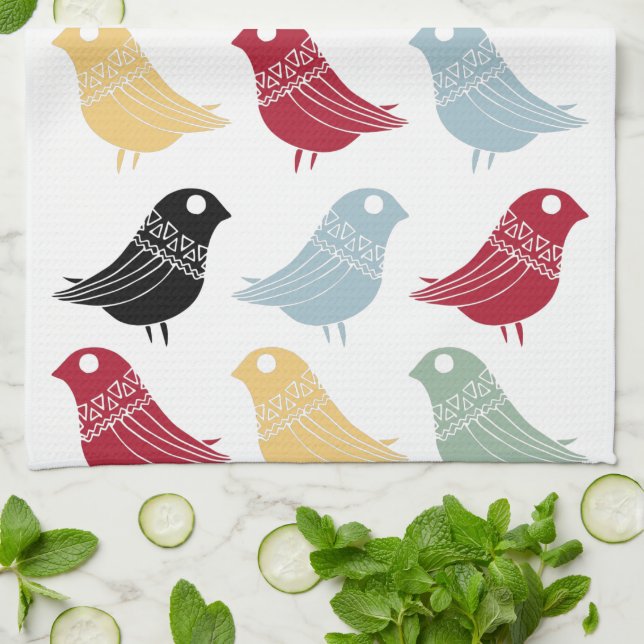 Retro Abstract Birds Mid-century Modern Tea Towel (Folded)