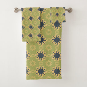 Retro Abstract Black and Yellow Flowers Pattern Bath Towel Set