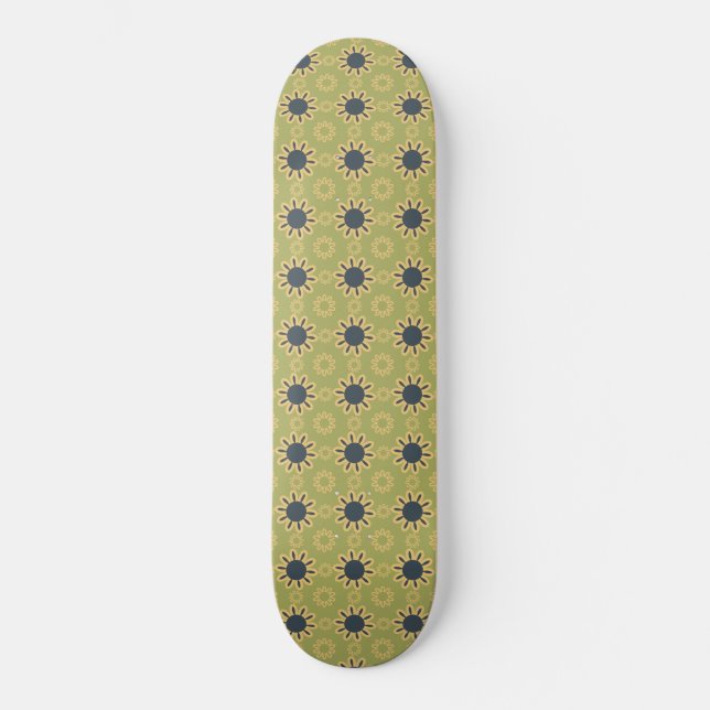 Retro Abstract Black and Yellow Flowers Pattern Skateboard (Front)