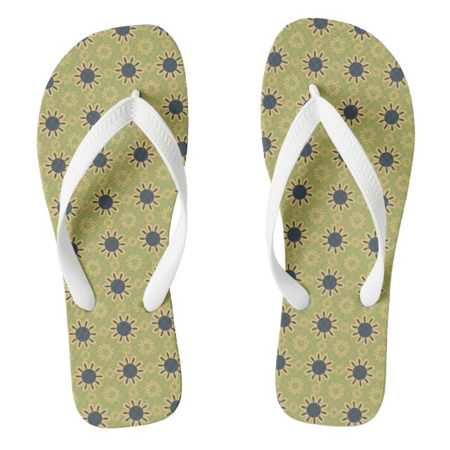 Retro Abstract Black and Yellow Flowers Pattern Thongs (Footbed)