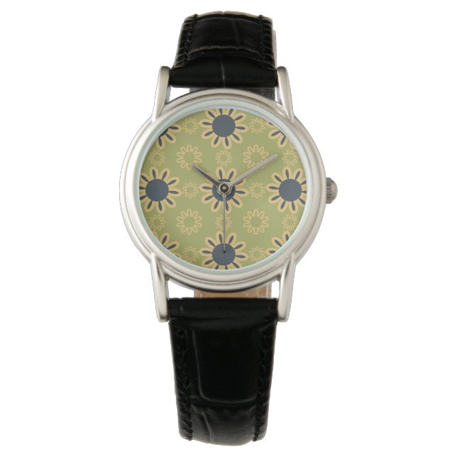 Retro Abstract Black and Yellow Flowers Pattern Watch (Front)
