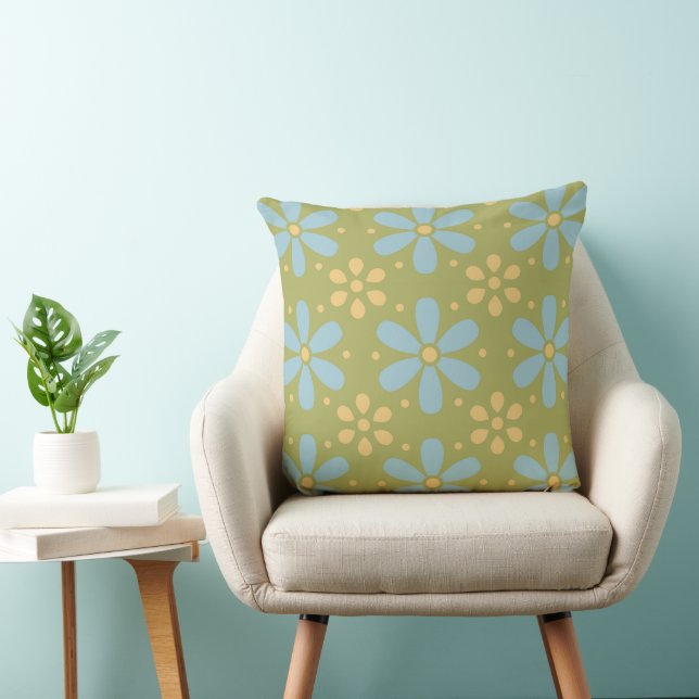 Retro Abstract Blue and Yellow Flowers on Green Cushion (Chair)