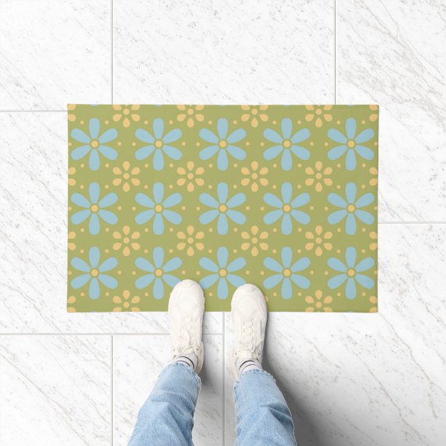 Retro Abstract Blue and Yellow Flowers on Green Doormat (Indoor)