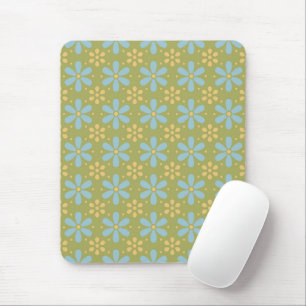 Retro Abstract Blue and Yellow Flowers on Green Mouse Pad