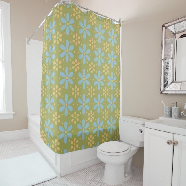 Retro Abstract Blue and Yellow Flowers on Green Shower Curtain (In Situ)