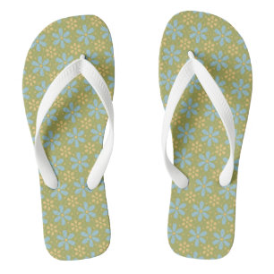 Retro Abstract Blue and Yellow Flowers on Green Thongs