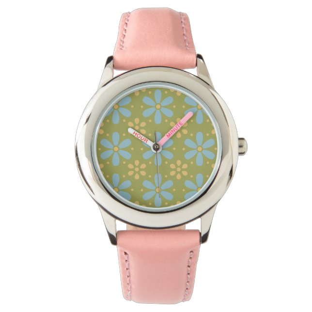 Retro Abstract Blue and Yellow Flowers on Green Watch (Front)