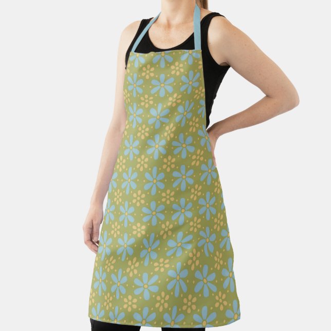 Retro Abstract Blue and Yellow Flowers Pattern Apron (Insitu)