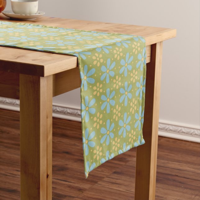 Retro Abstract Blue and Yellow Flowers Pattern Medium Table Runner (In Situ)