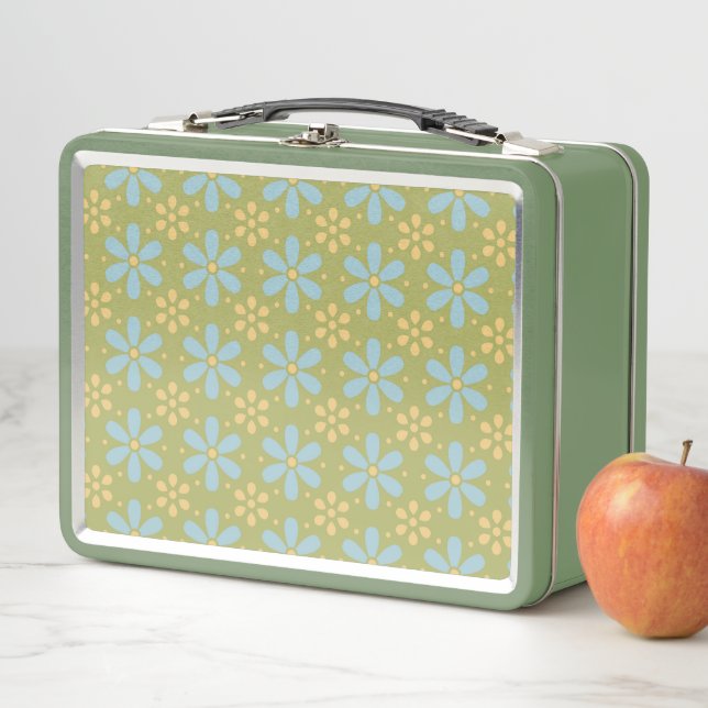 Retro Abstract Blue and Yellow Flowers Pattern Metal Lunch Box (In Situ)