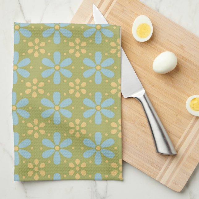 Retro Abstract Blue and Yellow Flowers Pattern Tea Towel (Quarter Fold)