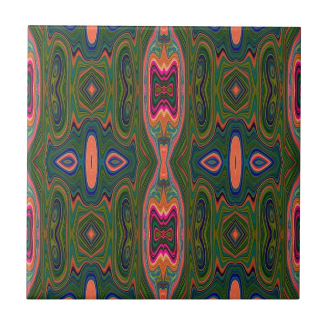 Retro Abstract Blue, Green and Orange Pattern Ceramic Tile (Front)