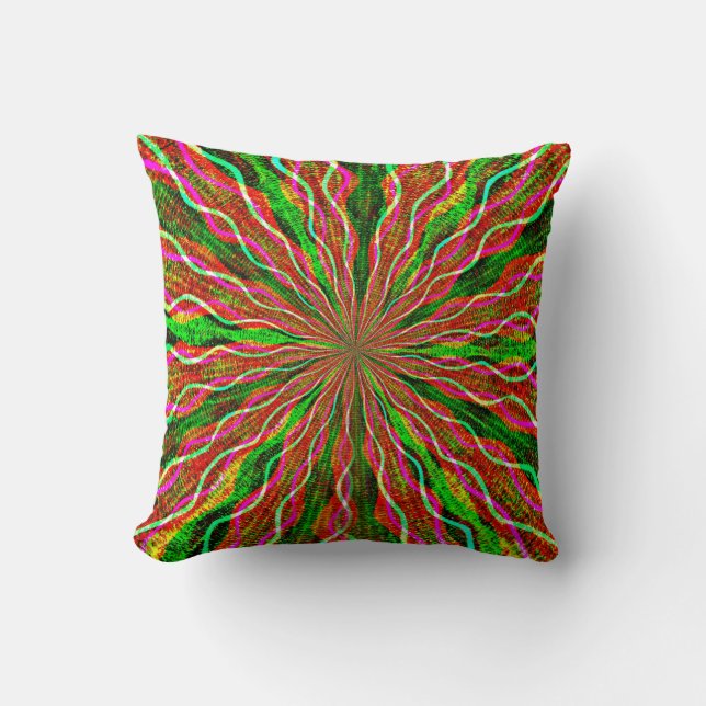 Retro Abstract Bright Pink Green Burst Pillow (Front)