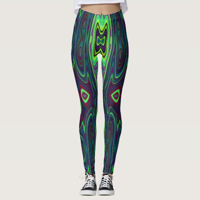 Retro Abstract Chartreuse, Red and Blue Pattern Leggings (Front)