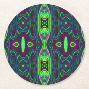 Retro Abstract Chartreuse, Red and Blue Pattern Round Paper Coaster