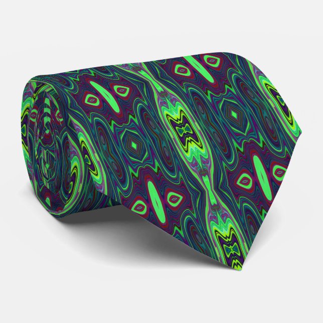 Retro Abstract Chartreuse, Red and Blue Pattern Tie (Rolled)