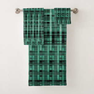 Retro abstract chequered plaid pattern green black bath towel set