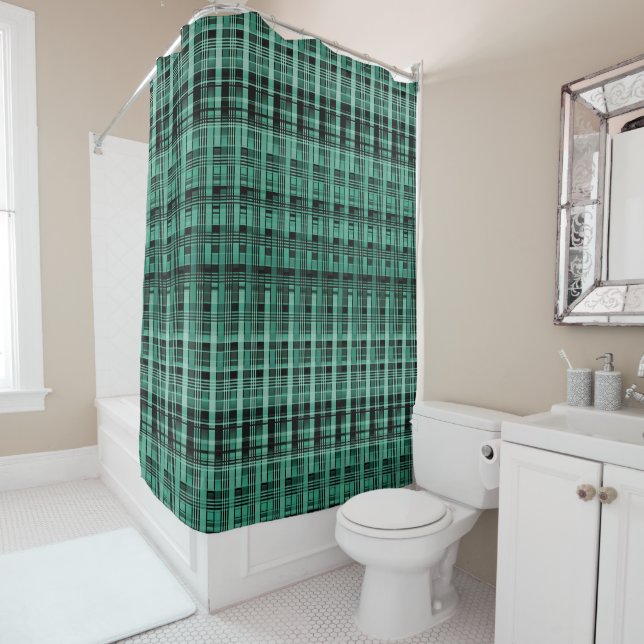 Retro abstract chequered plaid pattern green black shower curtain (In Situ)