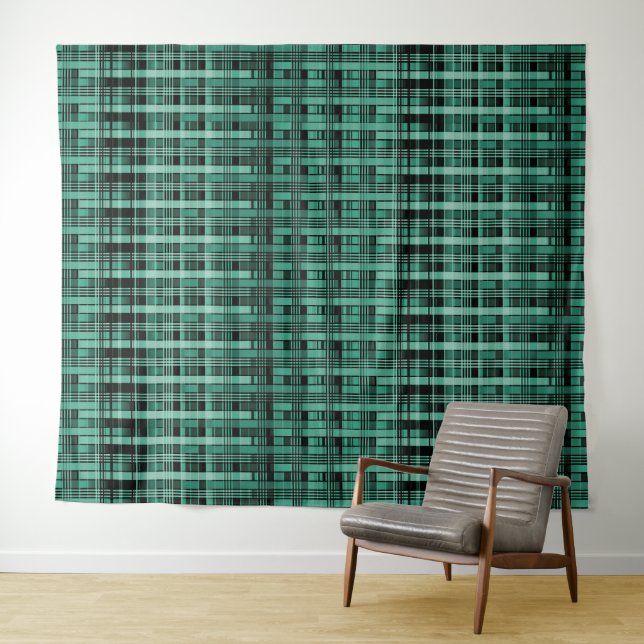 Retro abstract chequered plaid pattern green black tapestry (In Situ (Horizontal))