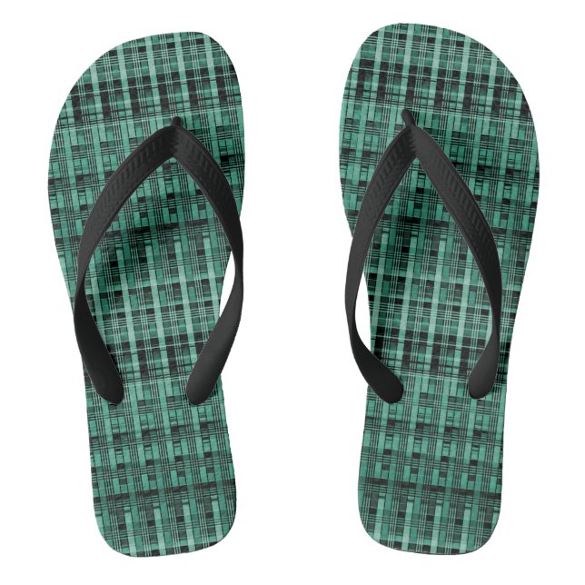 Retro abstract chequered plaid pattern green black thongs (Footbed)