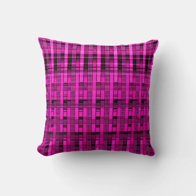 Retro abstract chequered plaid pattern pink black cushion (Front)