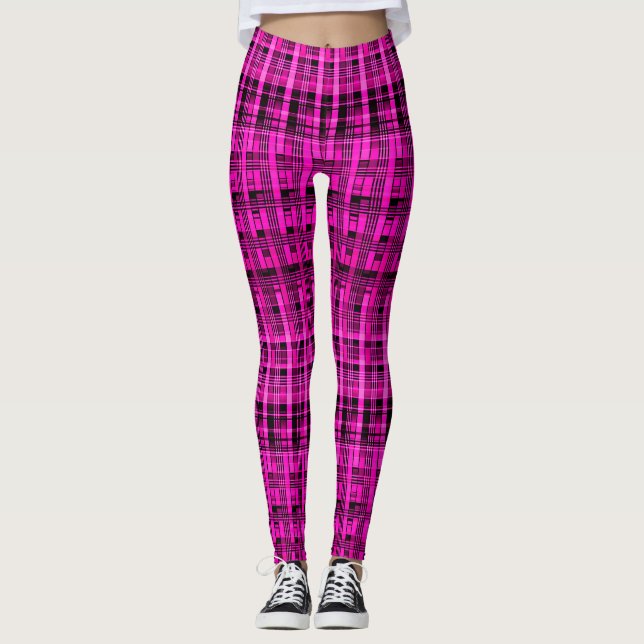 Retro abstract chequered plaid pattern pink black leggings (Front)