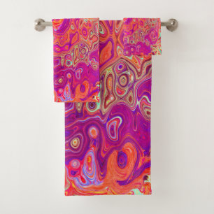 Retro Abstract Coral and Purple Marble Swirl Bath Towel Set