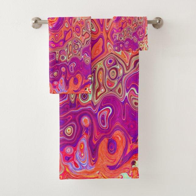Retro Abstract Coral and Purple Marble Swirl Bath Towel Set (Insitu)