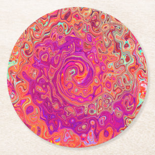 Retro Abstract Coral and Purple Marble Swirl Round Paper Coaster